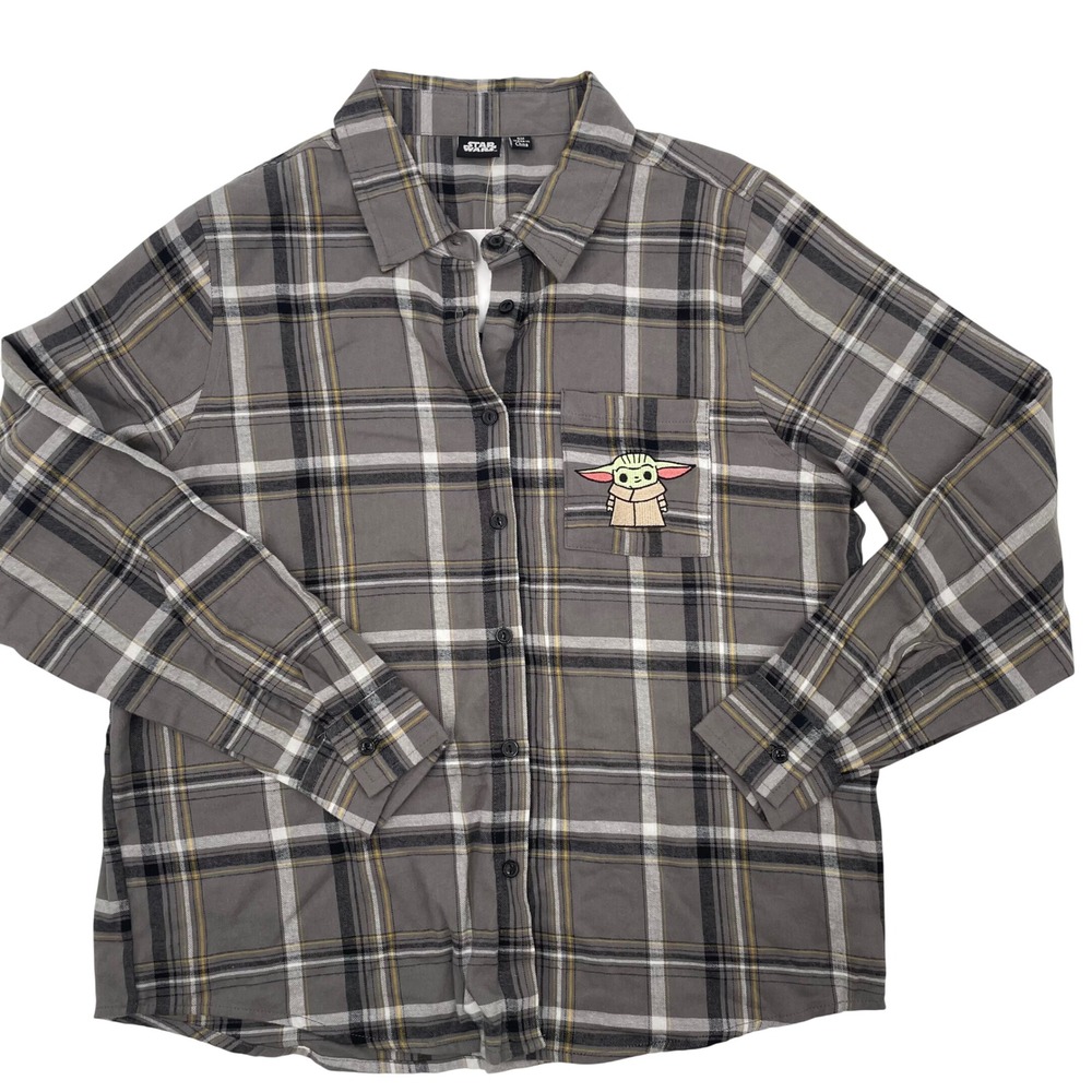 Star Wars Grogu Baby Yoda Plaid Flannel Shirt Grey Small RWTM24WGLBC NEW